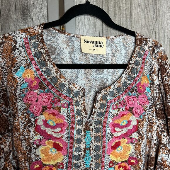 Savanna Jane Top Blouse Embroidered Snake Print Bell Sleeve Boho Size 1X - Picture 2 of 6